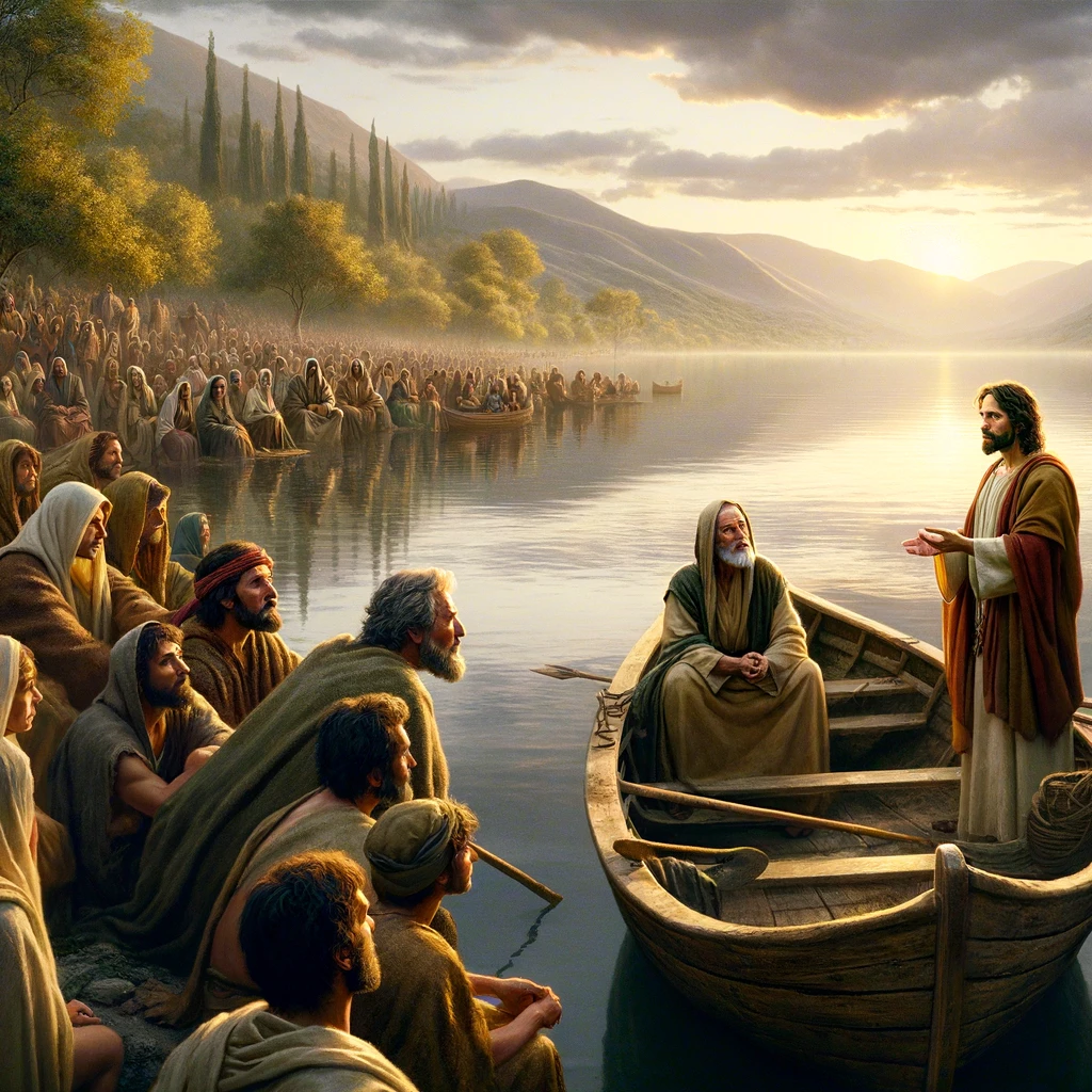 Jesus teaching the crowds from the boat