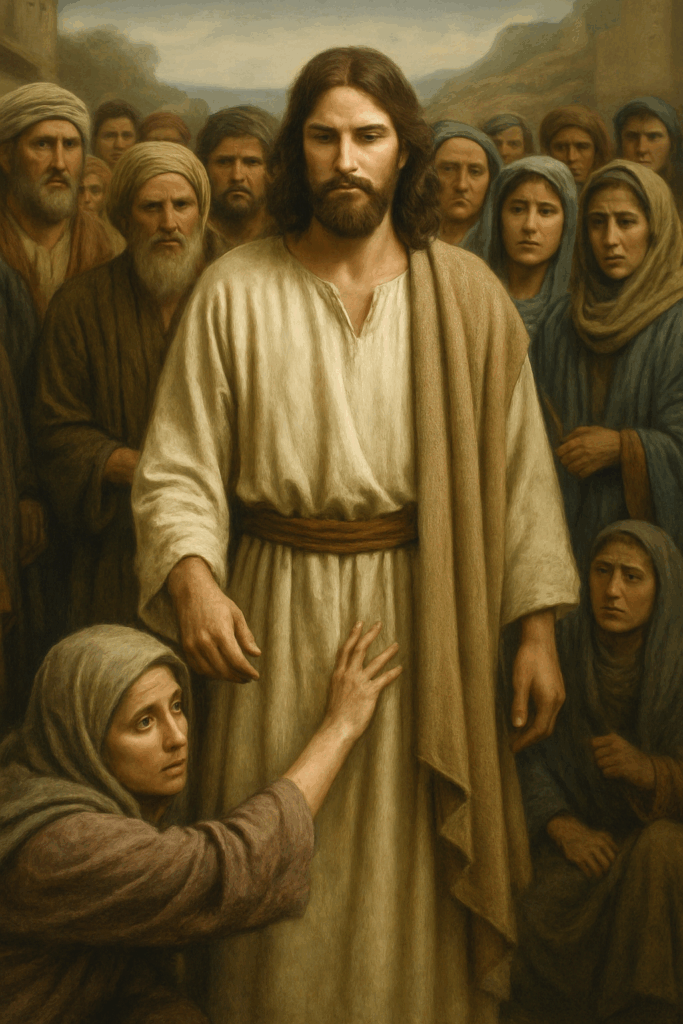 woman touches Jesus's robe and is healed